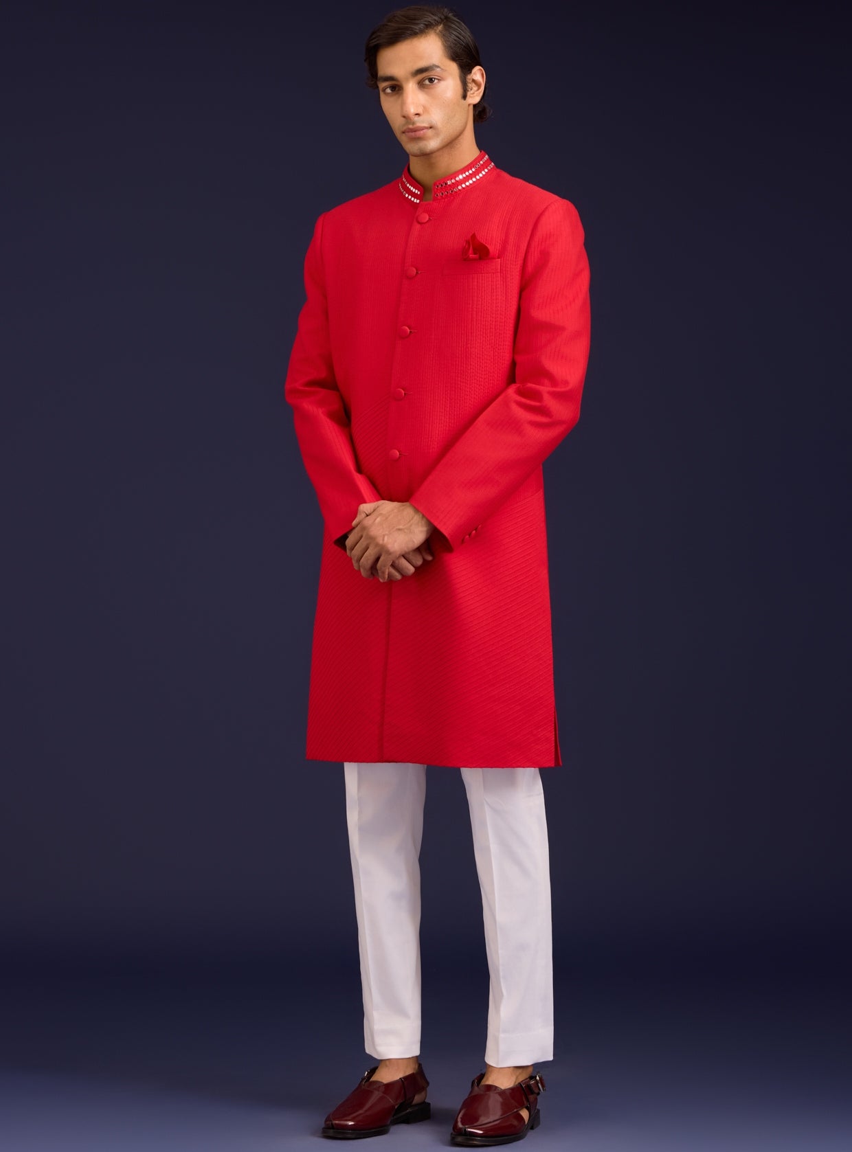 Red Cotton Silk Mirror Work Sherwani Set