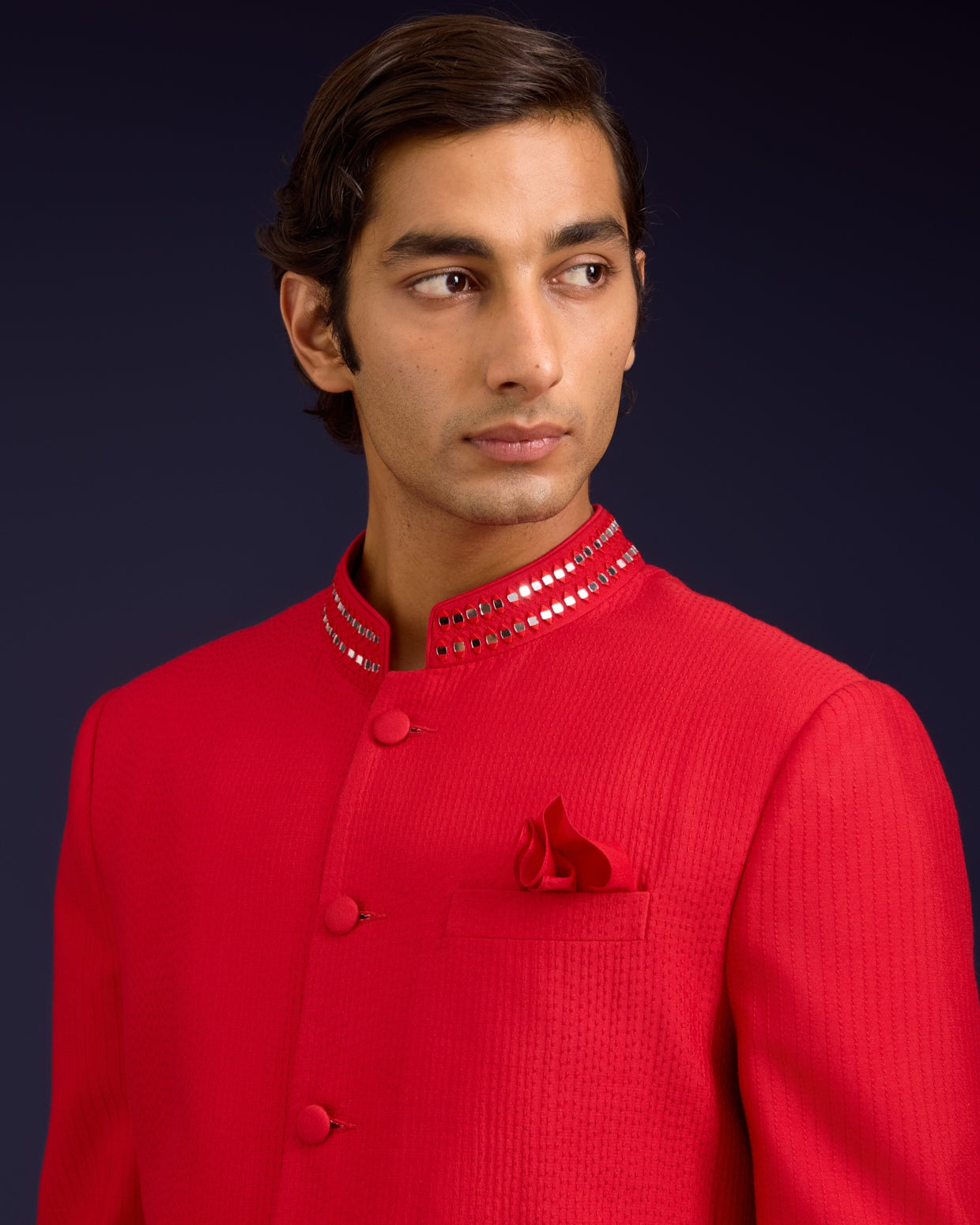 Red Cotton Silk Mirror Work Sherwani Set