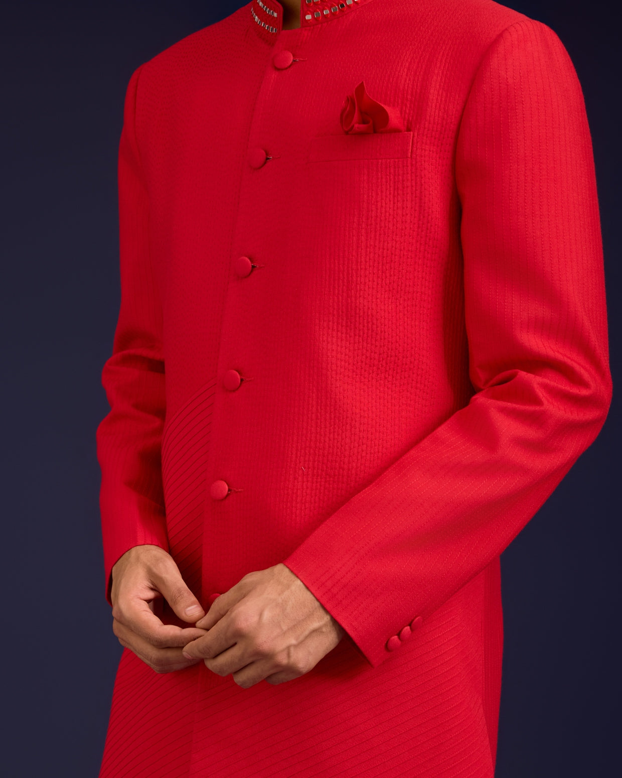 Red Cotton Silk Mirror Work Sherwani Set