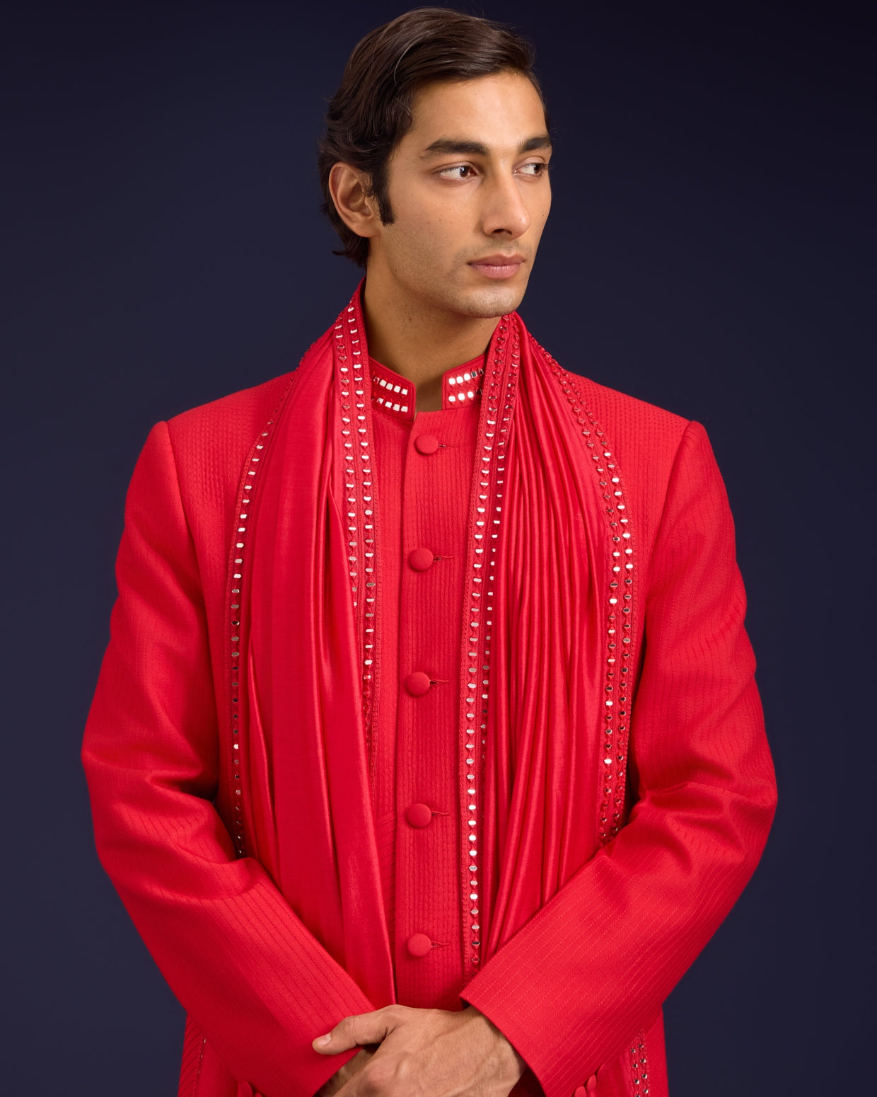 Red Cotton Silk Mirror Work Sherwani Set