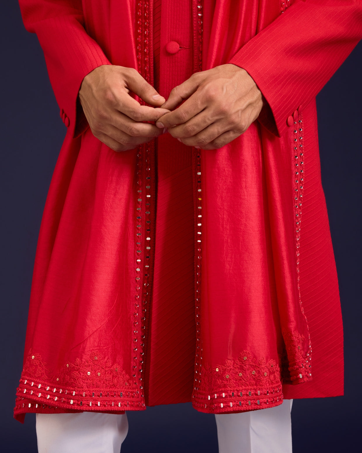 Red Cotton Silk Mirror Work Sherwani Set