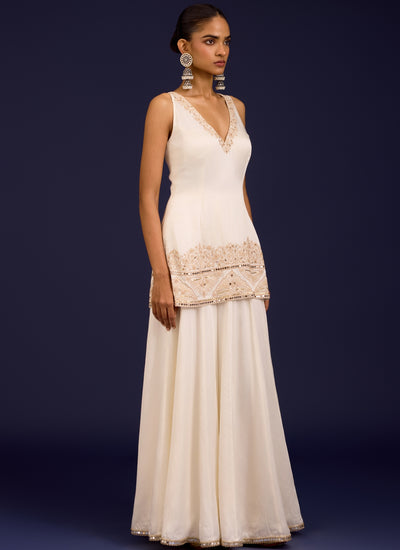 Ivory Embroidered Modal Satin Sharara Set