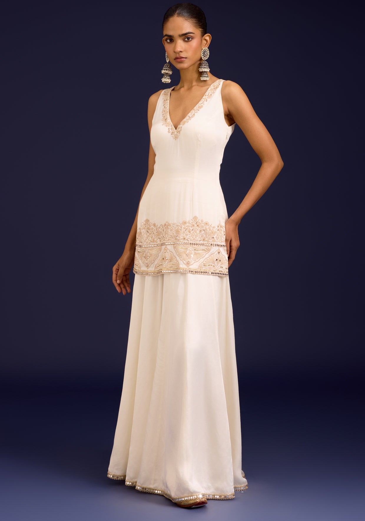 Ivory Embroidered Modal Satin Sharara Set