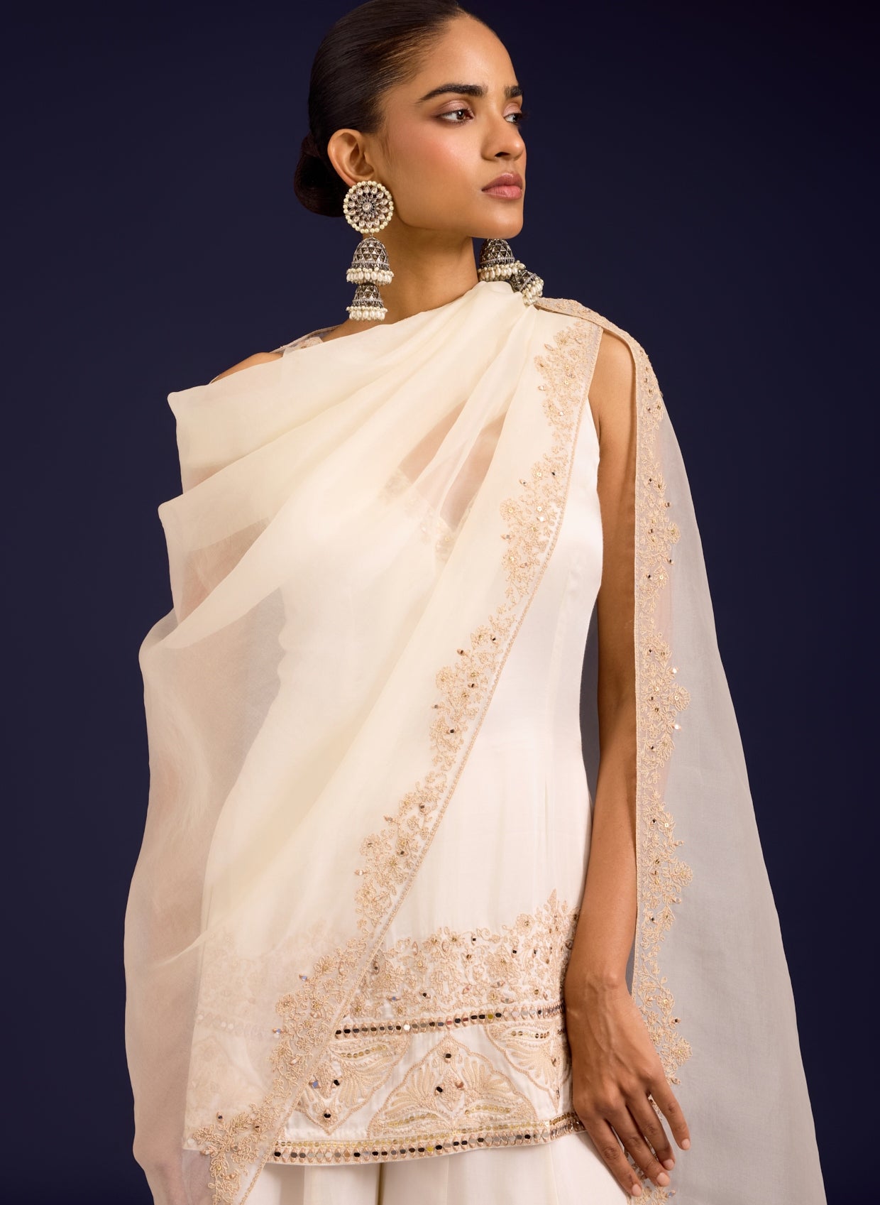 Ivory Embroidered Modal Satin Sharara Set