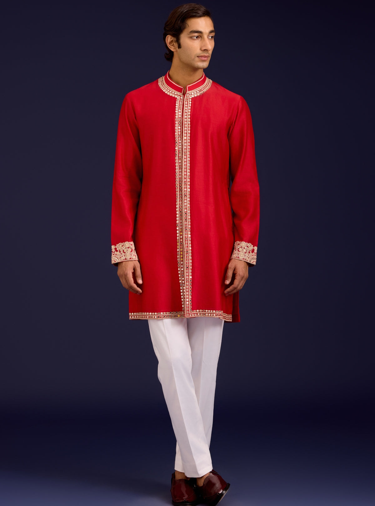 Red Chanderi Cotton Sequins And Mirror Work Kurta Set