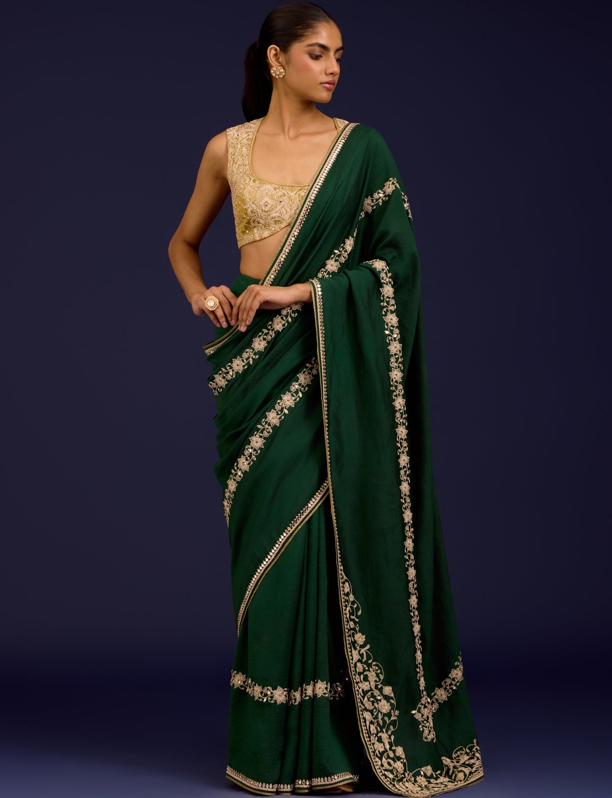 Green Embroidered Chinniya Silk Sari Set