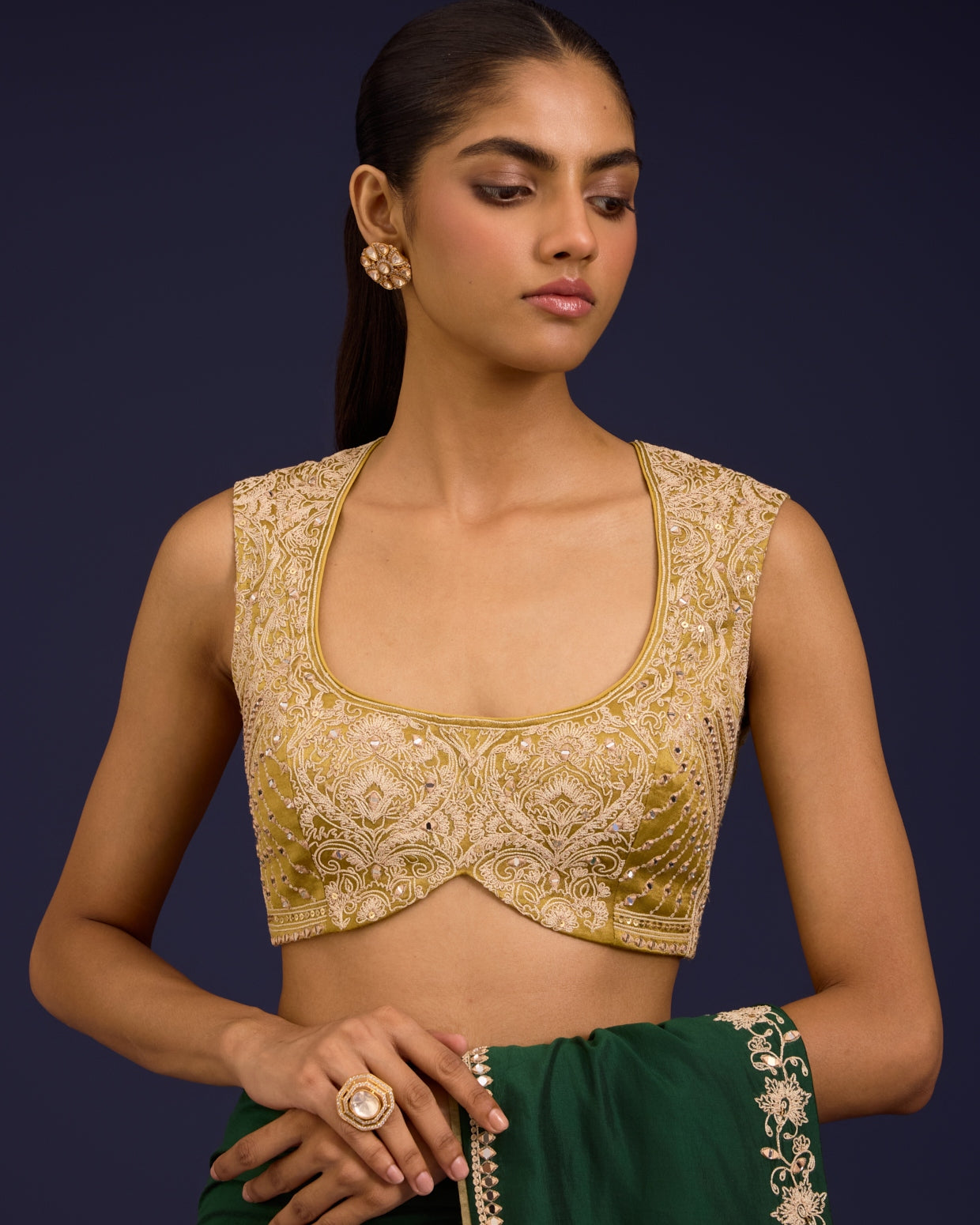 Green Embroidered Chinniya Silk Sari Set