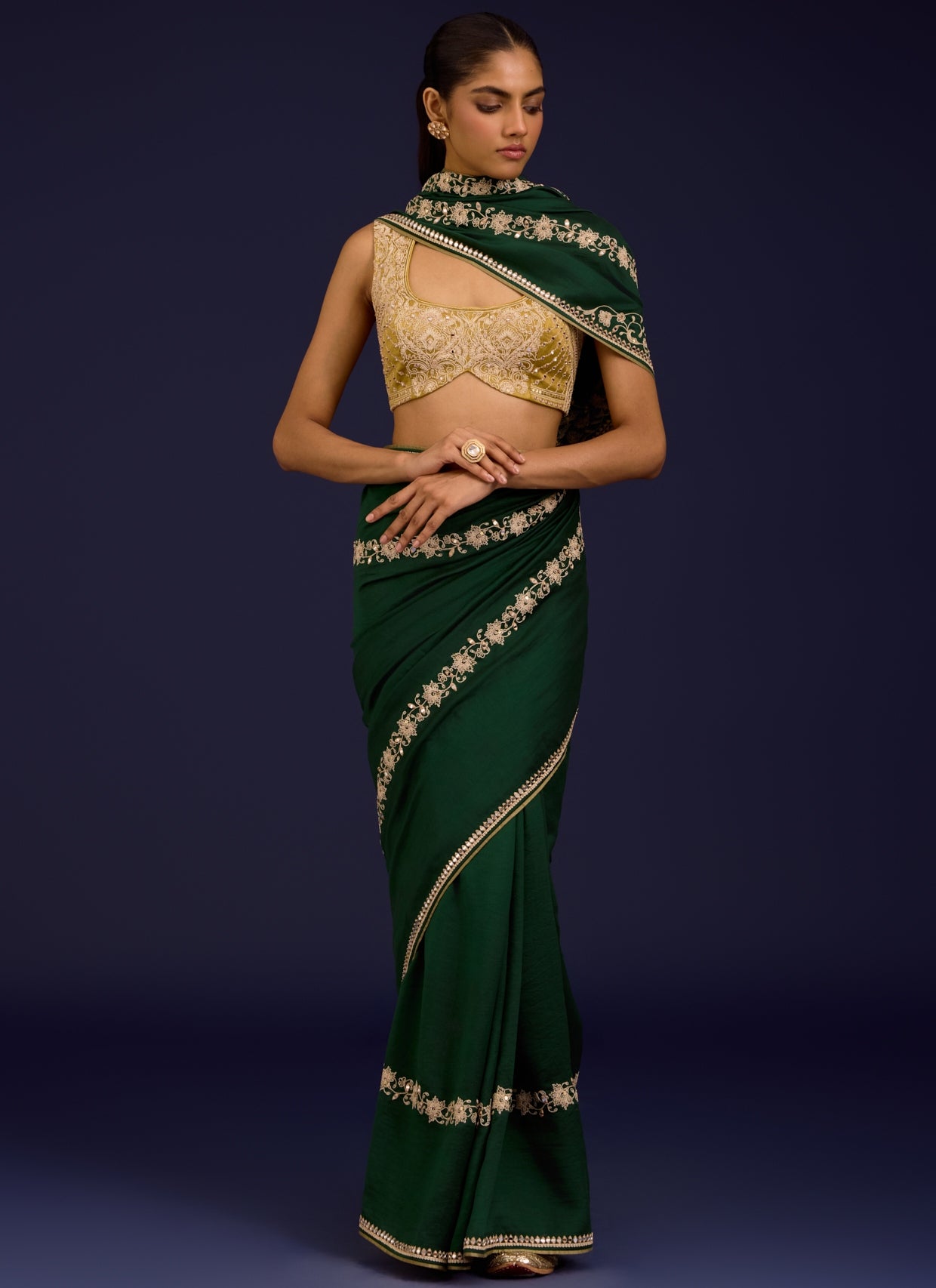 Green Embroidered Chinniya Silk Sari Set