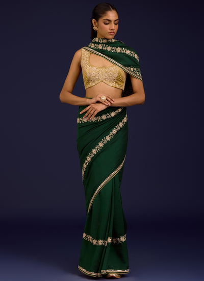 Green Embroidered Chinniya Silk Sari Set
