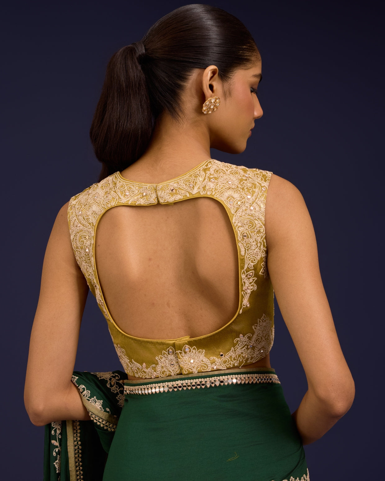 Green Embroidered Chinniya Silk Sari Set