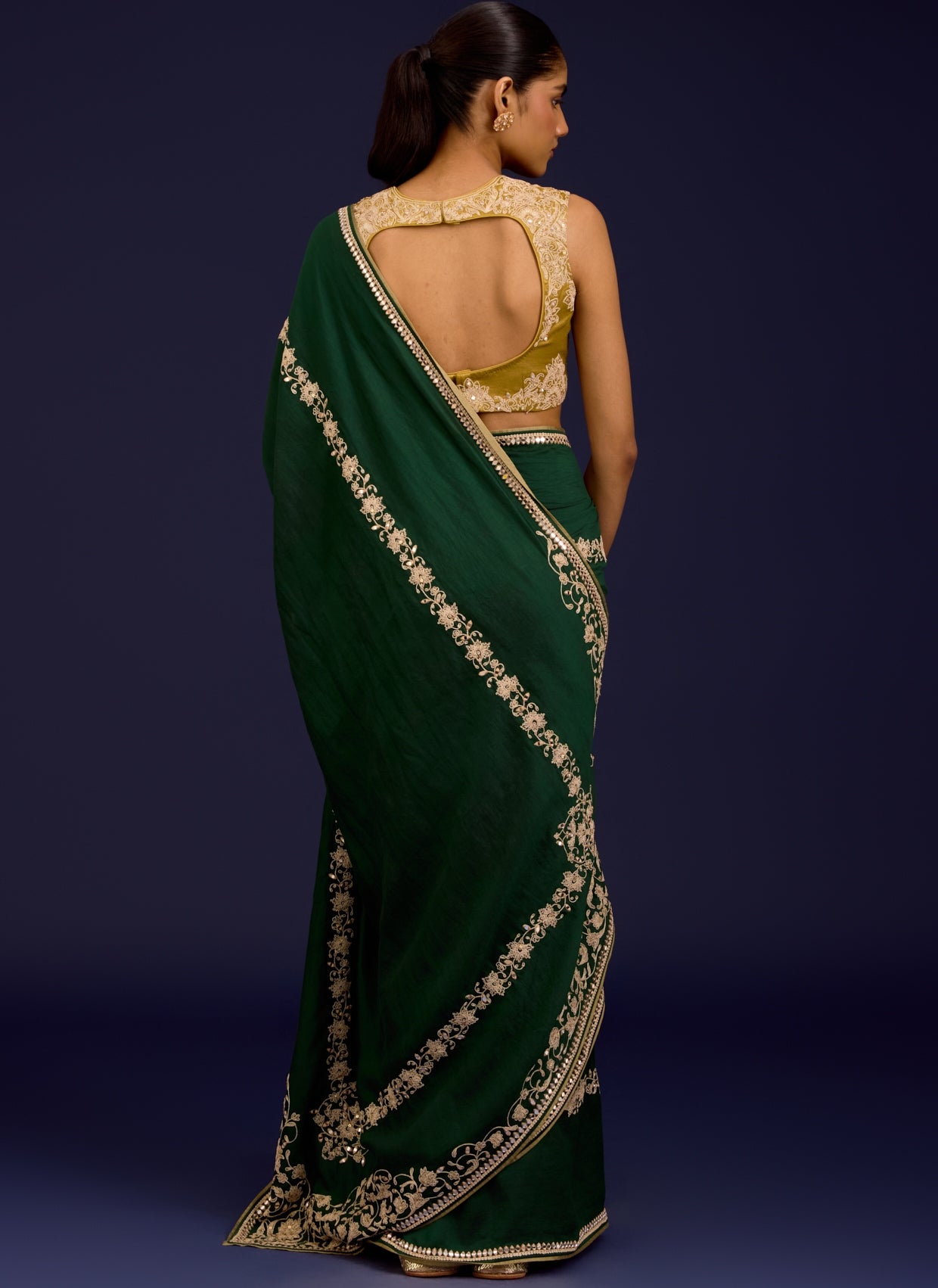 Green Embroidered Chinniya Silk Sari Set