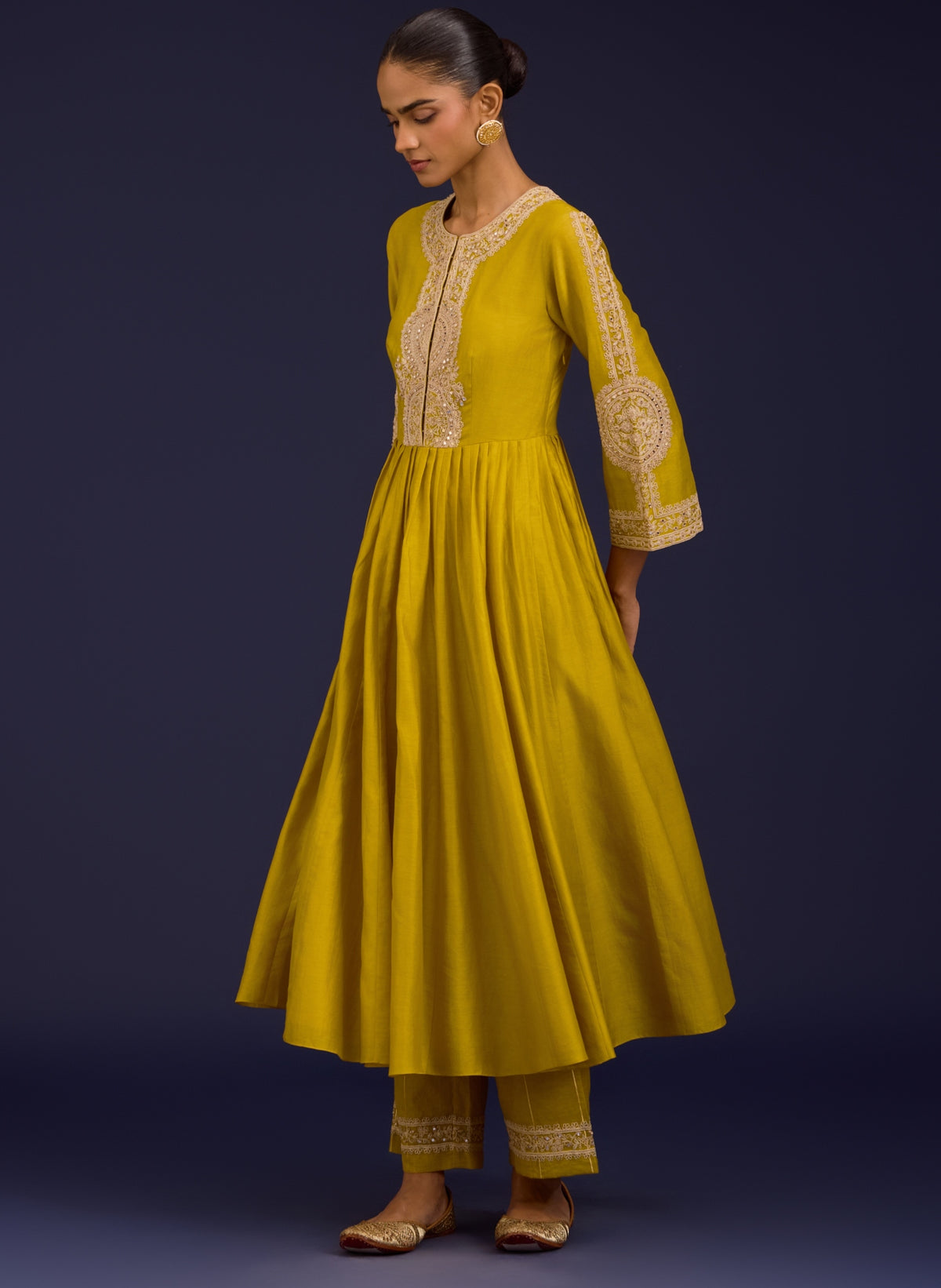 Mustard Silk Chanderi Sequins, Mirror And Dori Embroidered Anarkali Set