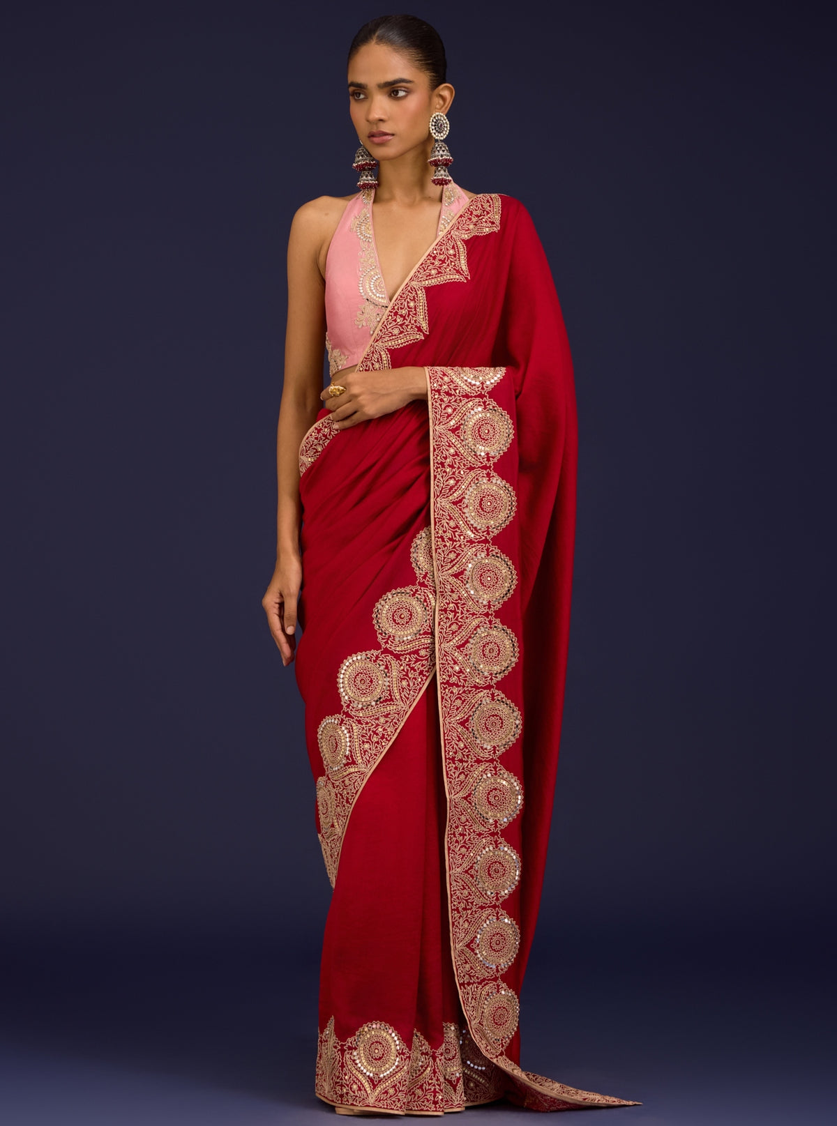 Red Embroidered Chinniya Silk Sari Set