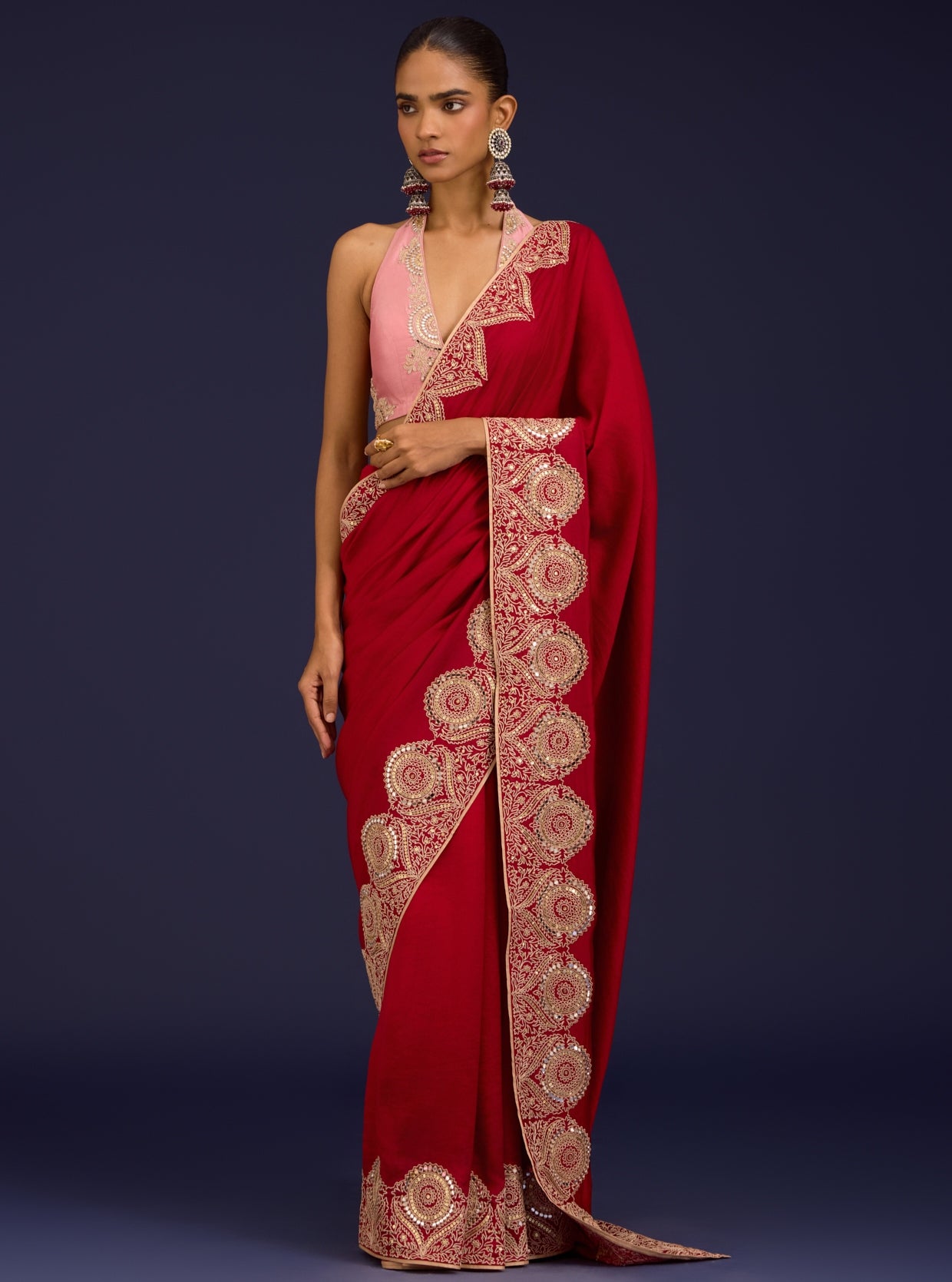 Red Embroidered Chinniya Silk Sari Set