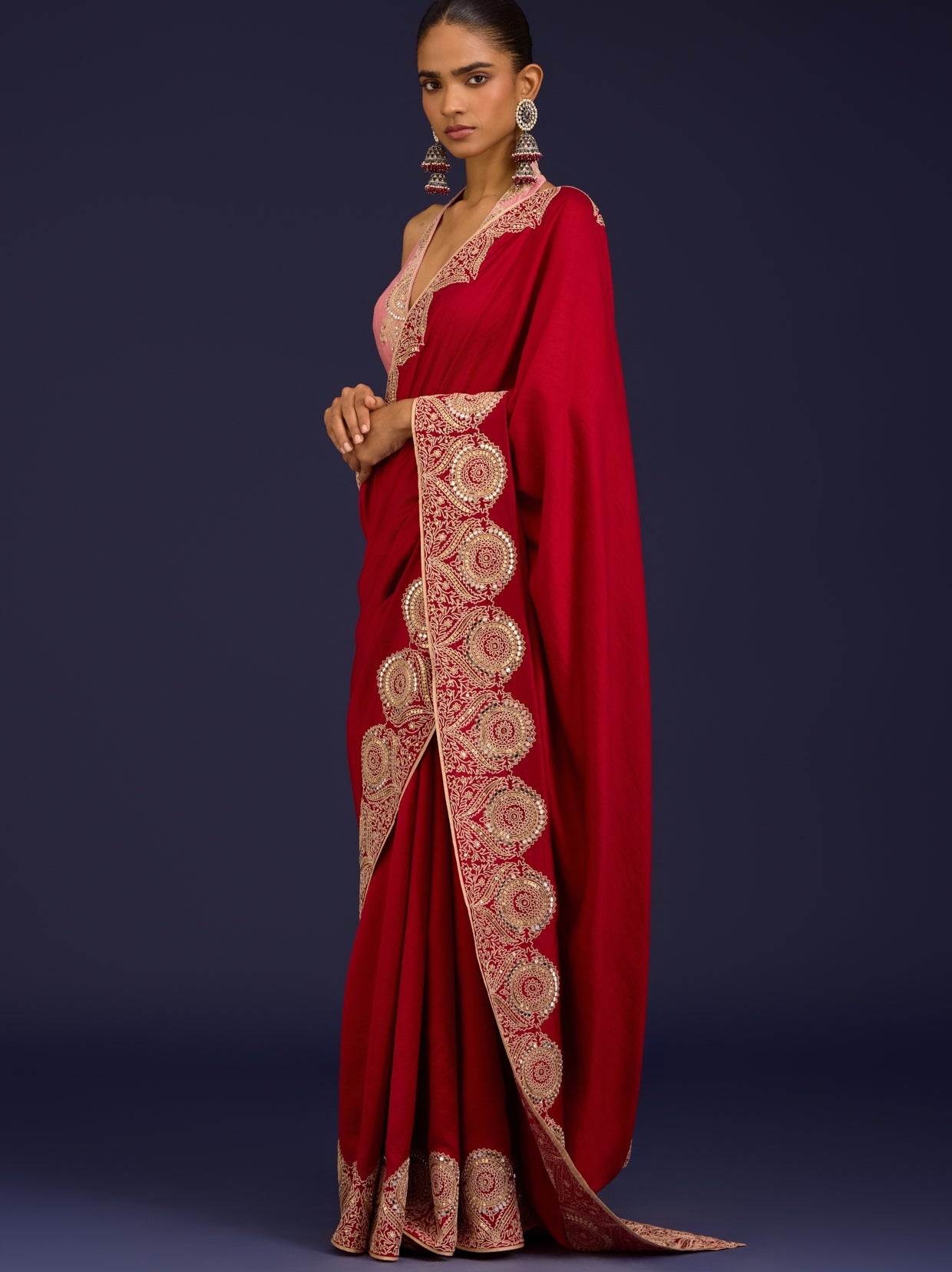 Red Embroidered Chinniya Silk Sari Set