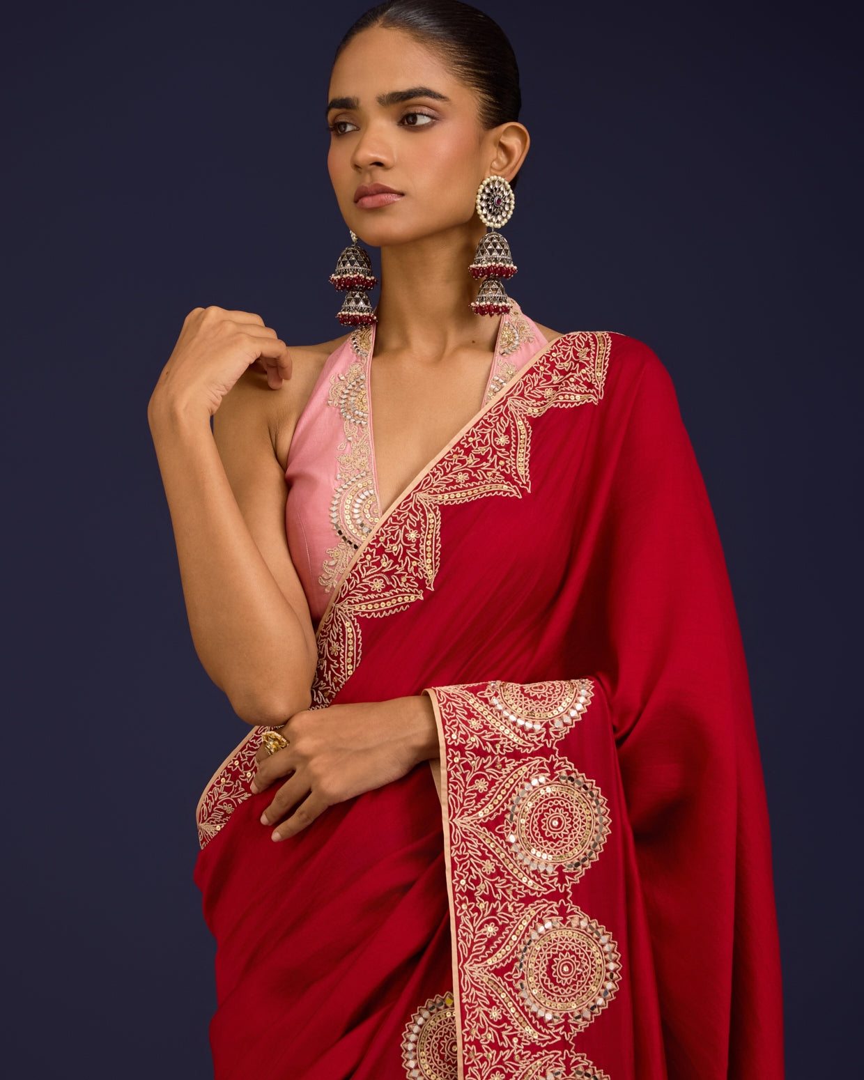 Red Embroidered Chinniya Silk Sari Set