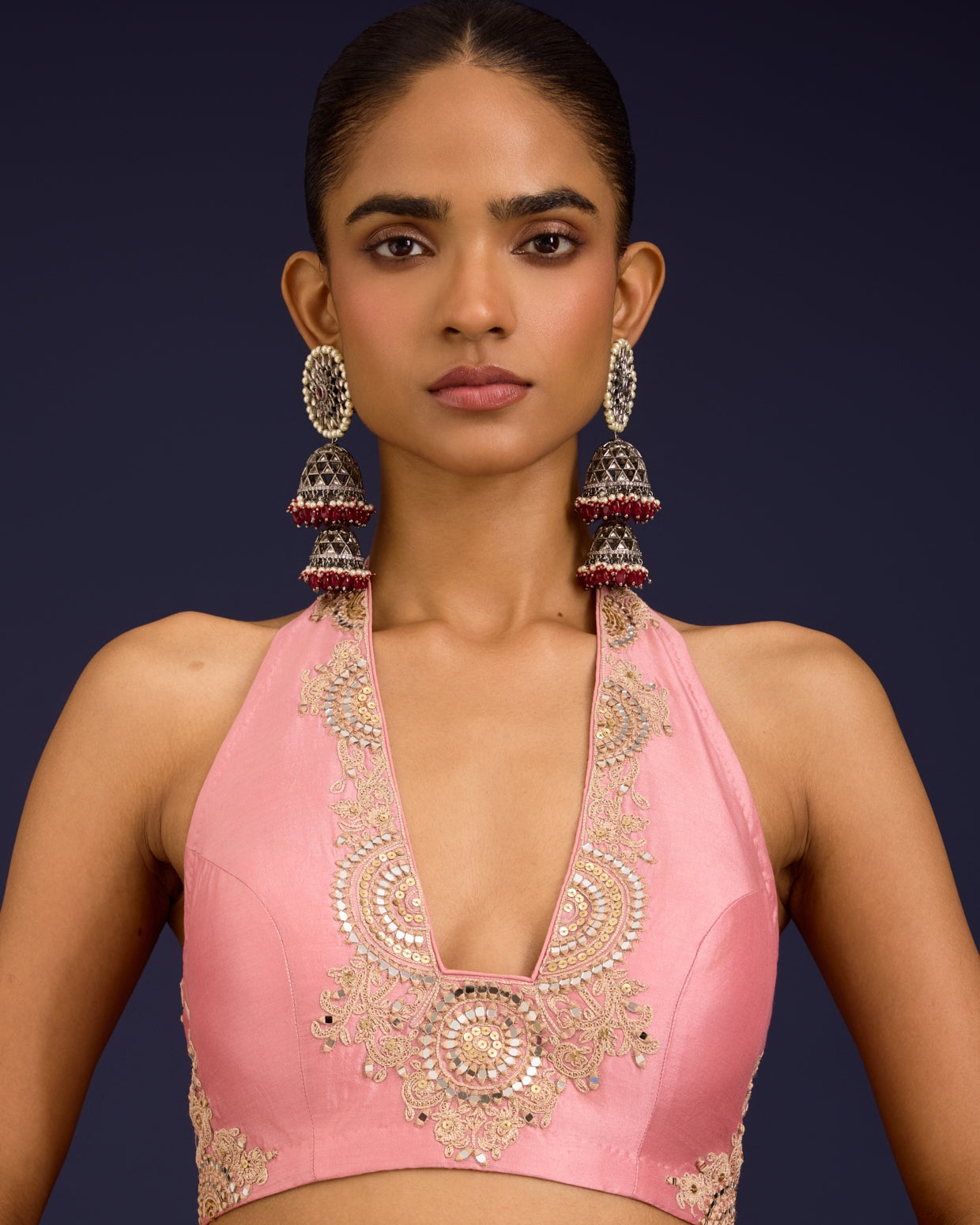 Red Embroidered Chinniya Silk Sari Set