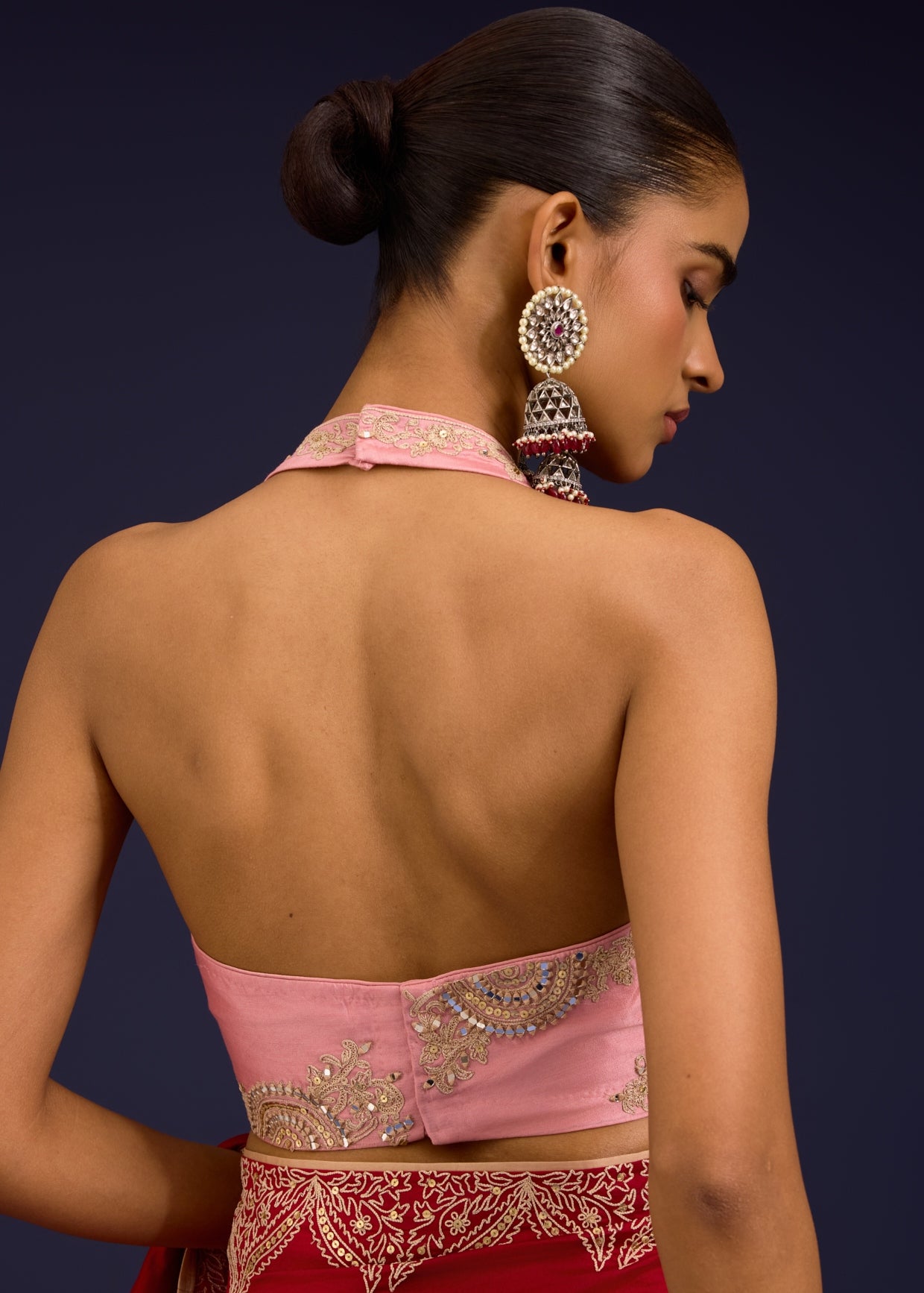 Red Embroidered Chinniya Silk Sari Set