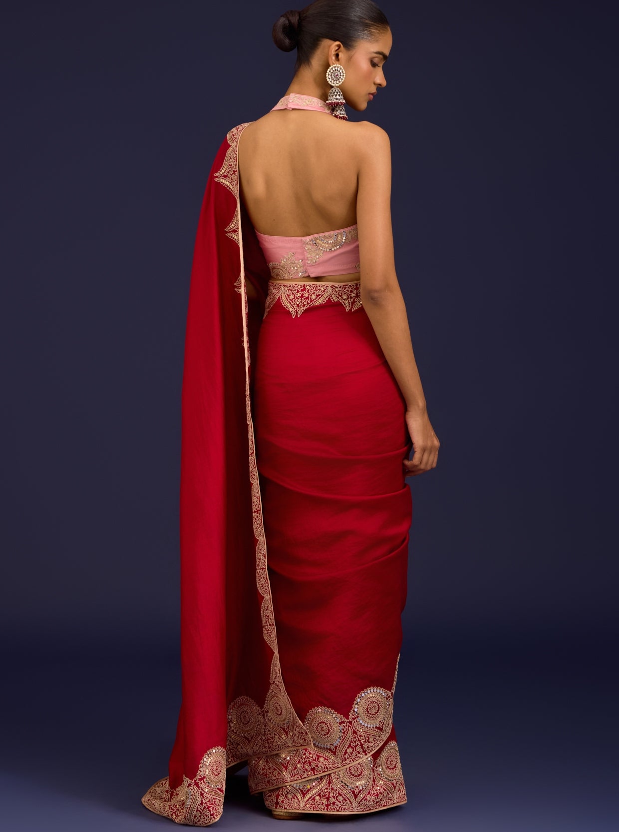 Red Embroidered Chinniya Silk Sari Set