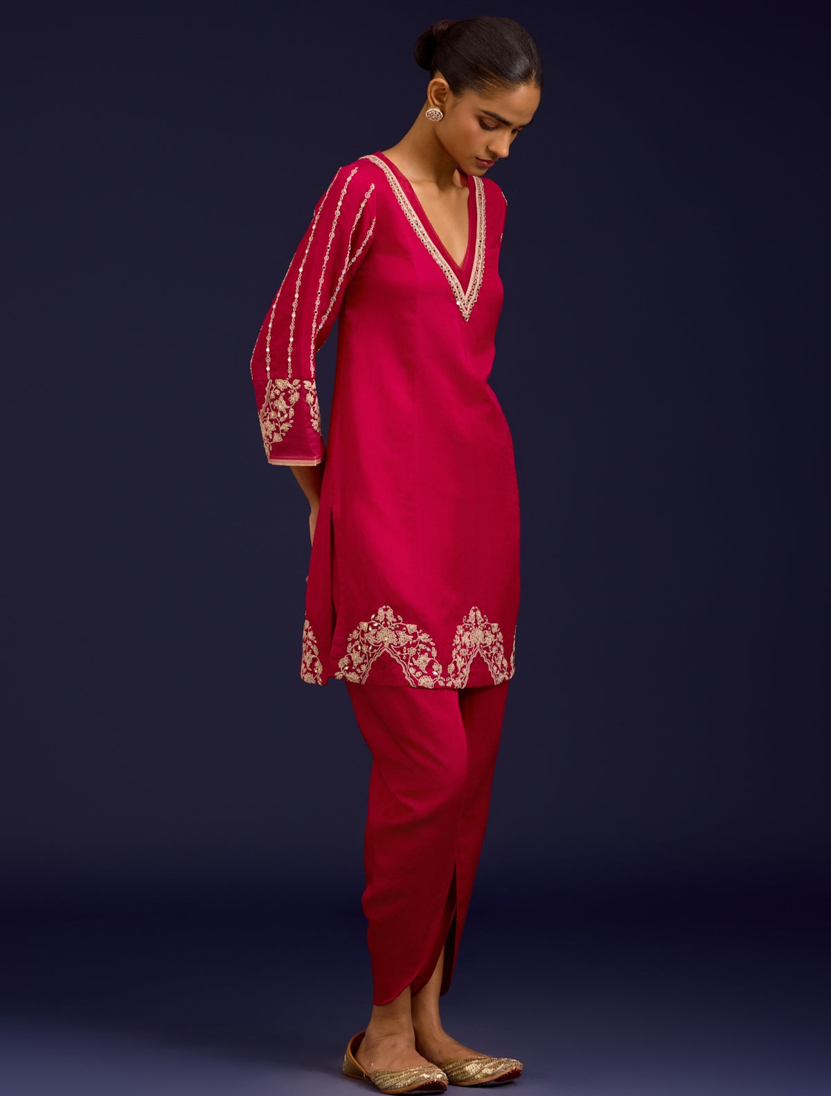 Fuchsia Cotton Silk Satin Sequins, Mirror And Dori Embroidered Kurta Set