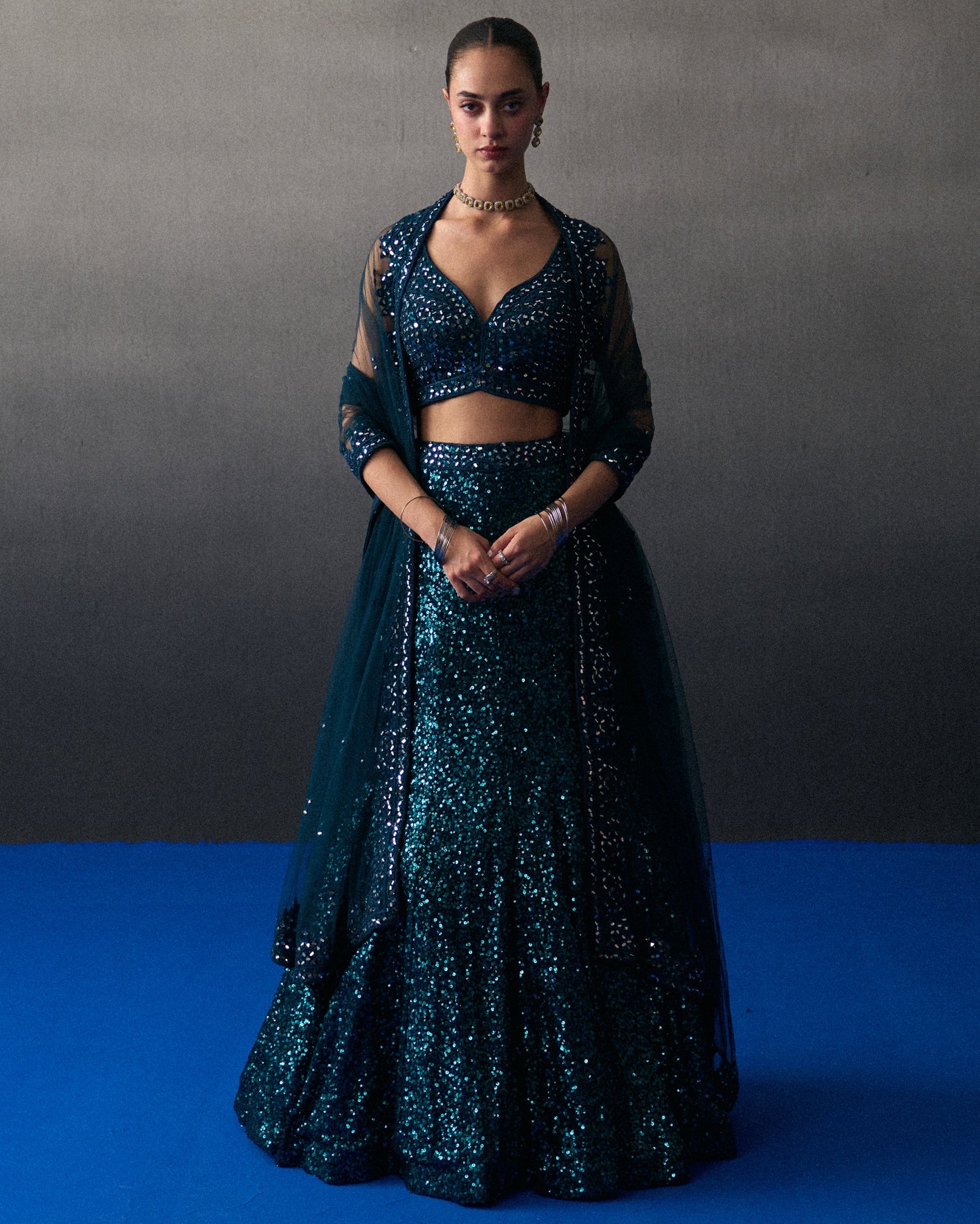 Peacock Blue Sequins Skirt Set