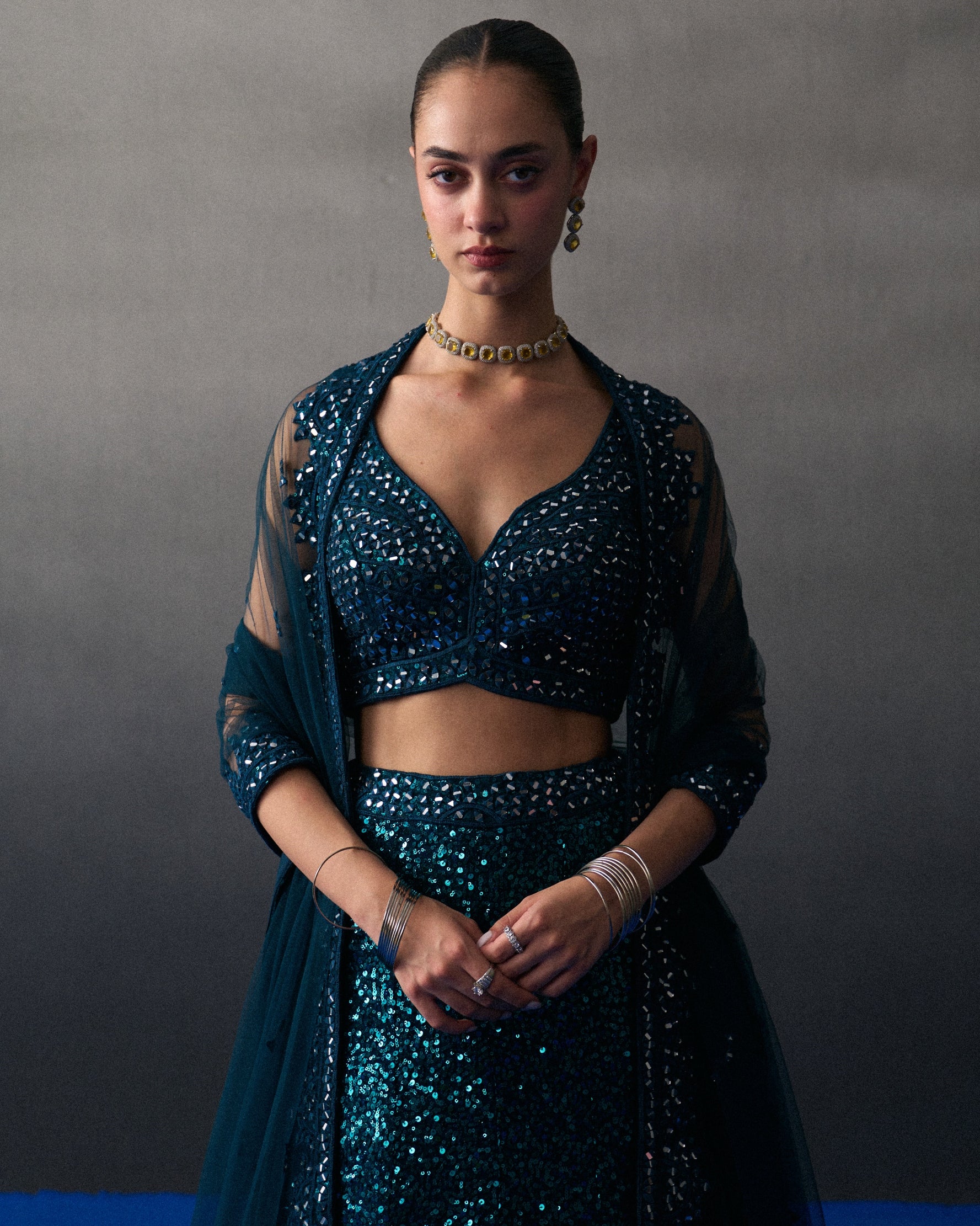 Peacock Blue Sequins Skirt Set