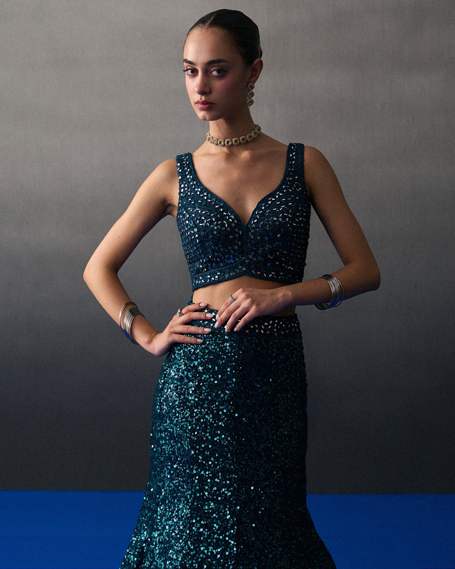 Peacock Blue Sequins Skirt Set