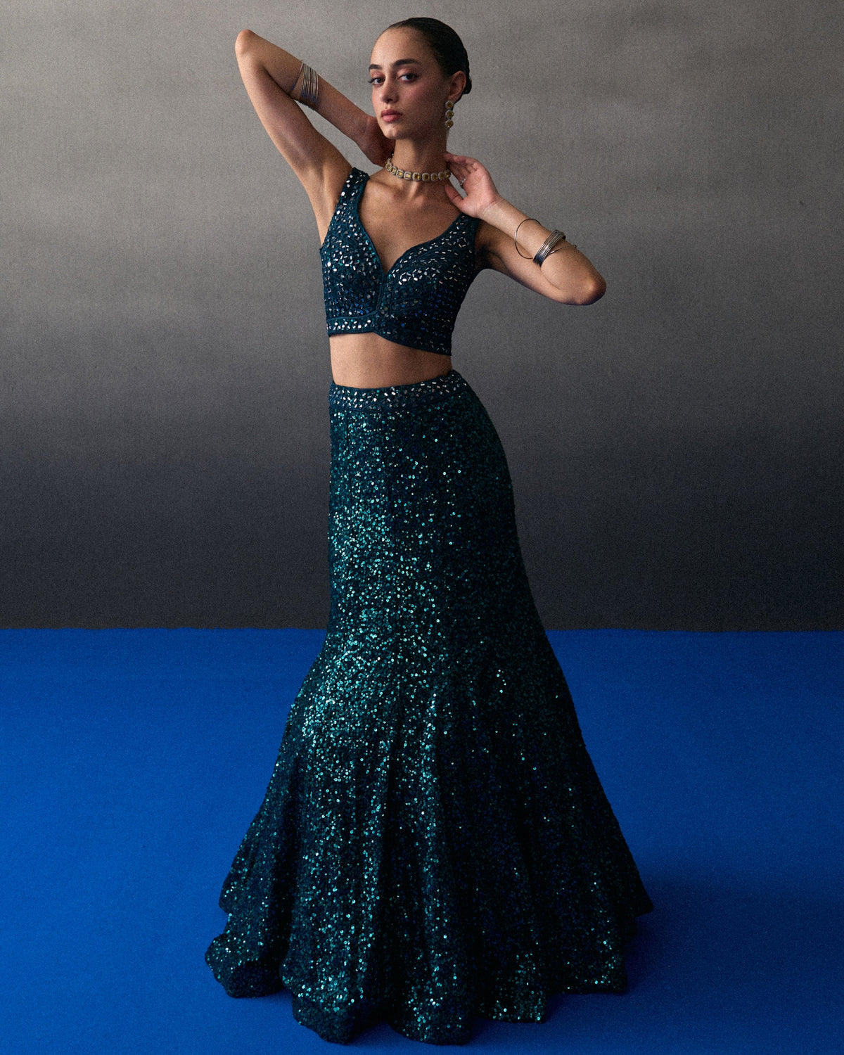 Peacock Blue Sequins Skirt Set