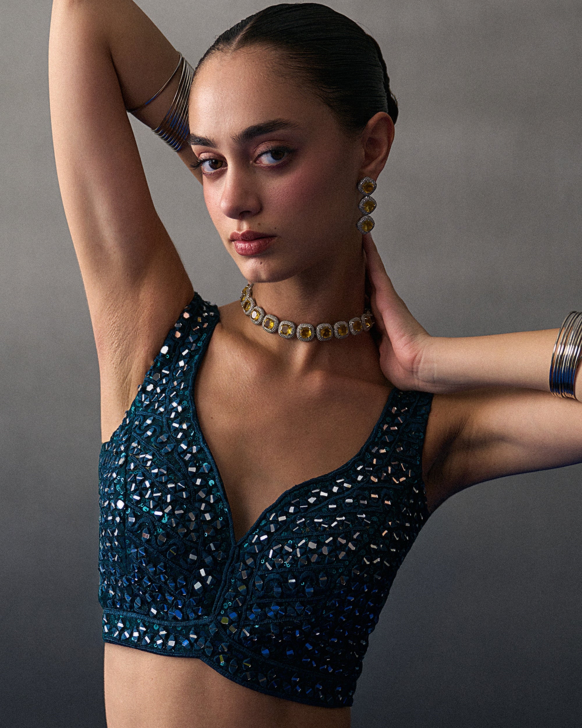 Peacock Blue Sequins Skirt Set