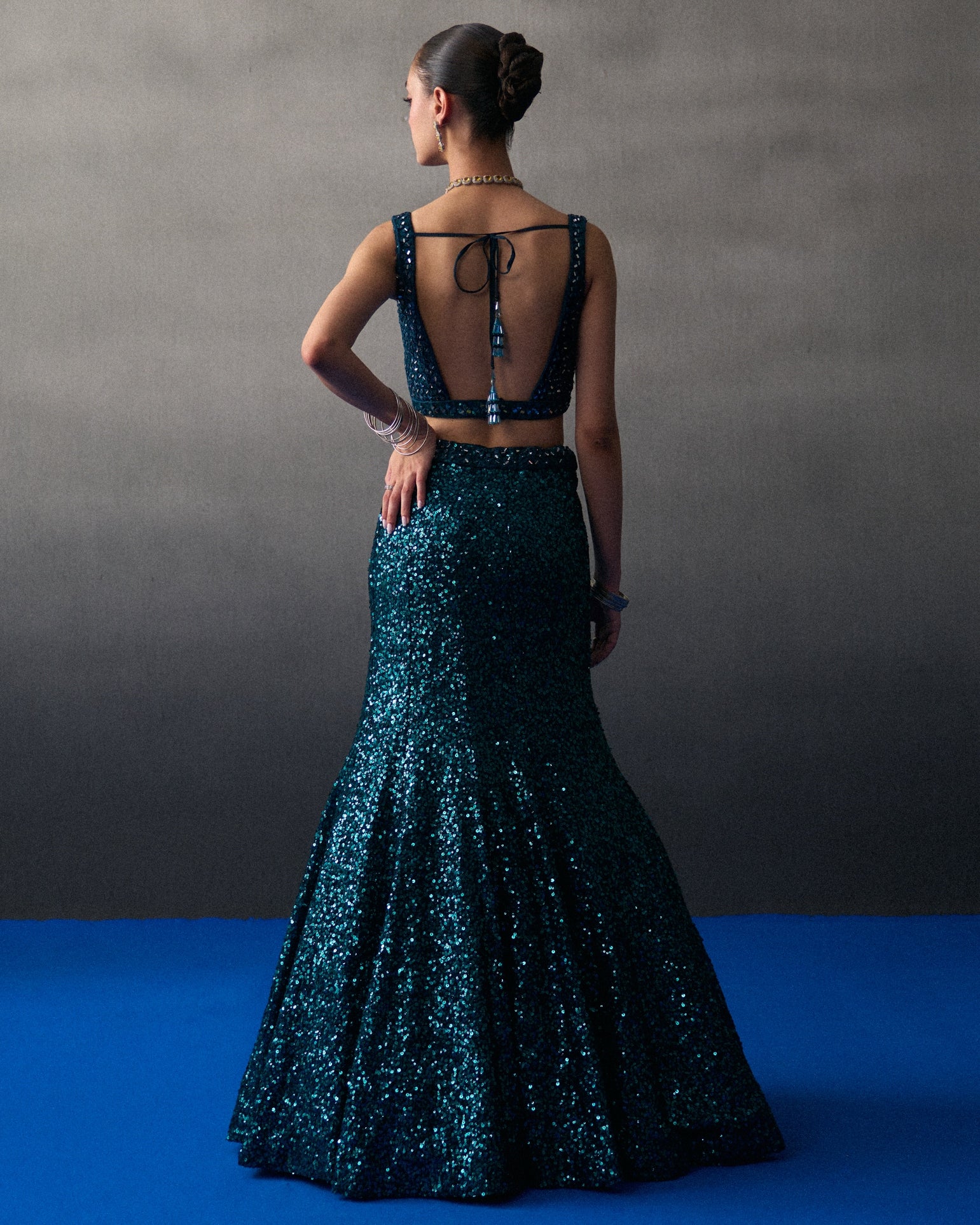 Peacock Blue Sequins Skirt Set