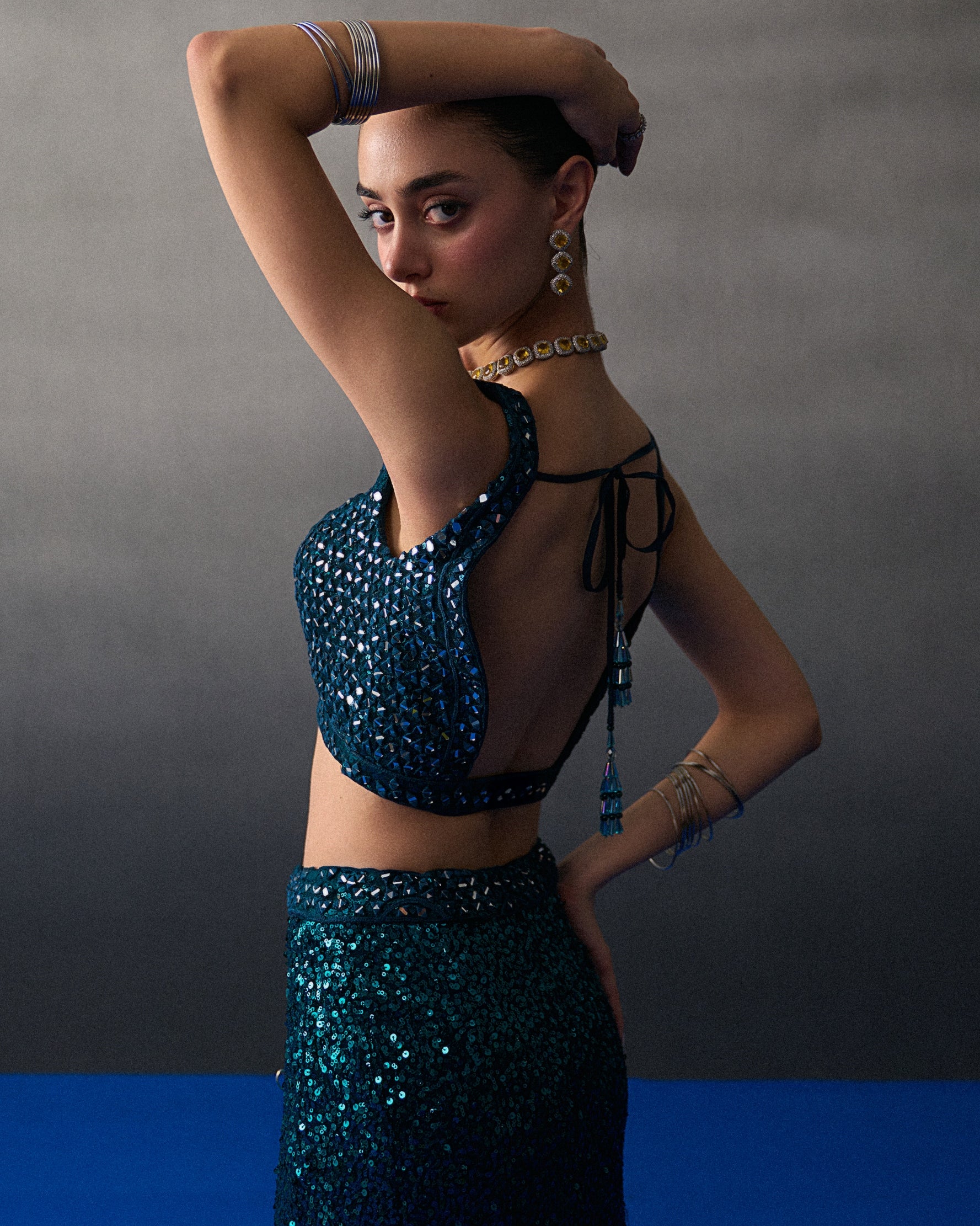 Peacock Blue Sequins Skirt Set