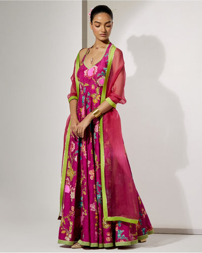 Fuchsia Bloom Silk Anarkali Set