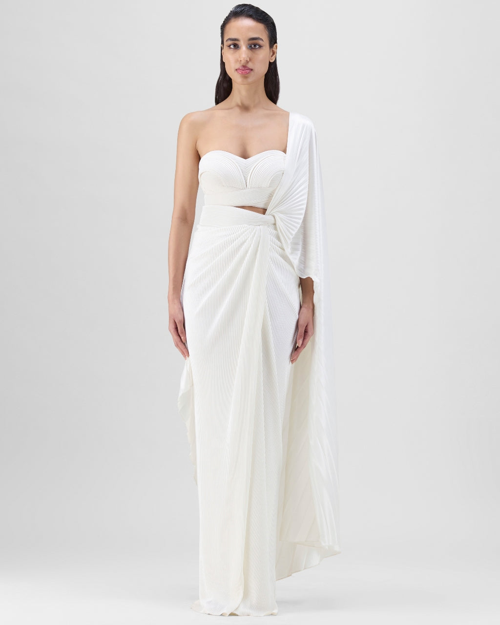 Structured Ivory Drape Ivory Structured Blouse With Drape Skirt Set | Amit Aggarwal – KYNAH