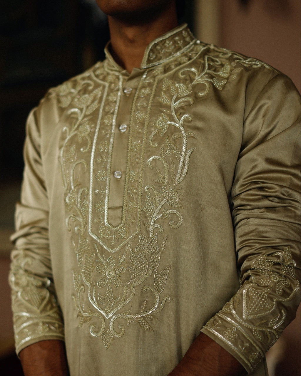 Khakhi Thread And Japanese Pipe Work Kurta Set