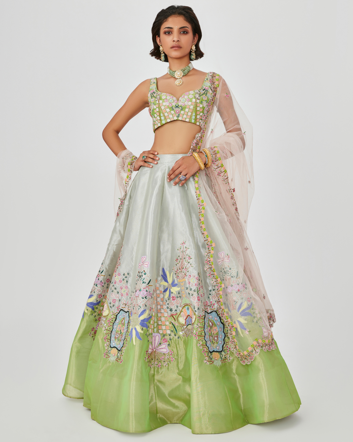 Ivory And Lime Embellished Lehenga Set by Aisha Rao