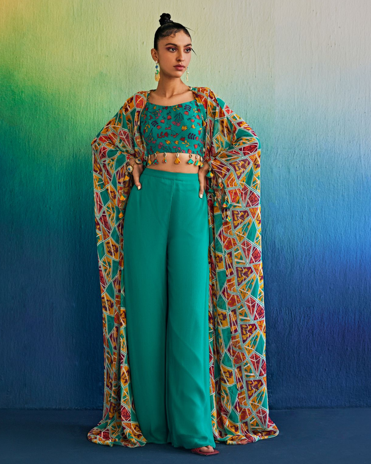 Teal Floral Butta Print Bustier & Teal Aztec Print Cape With Teal Pants