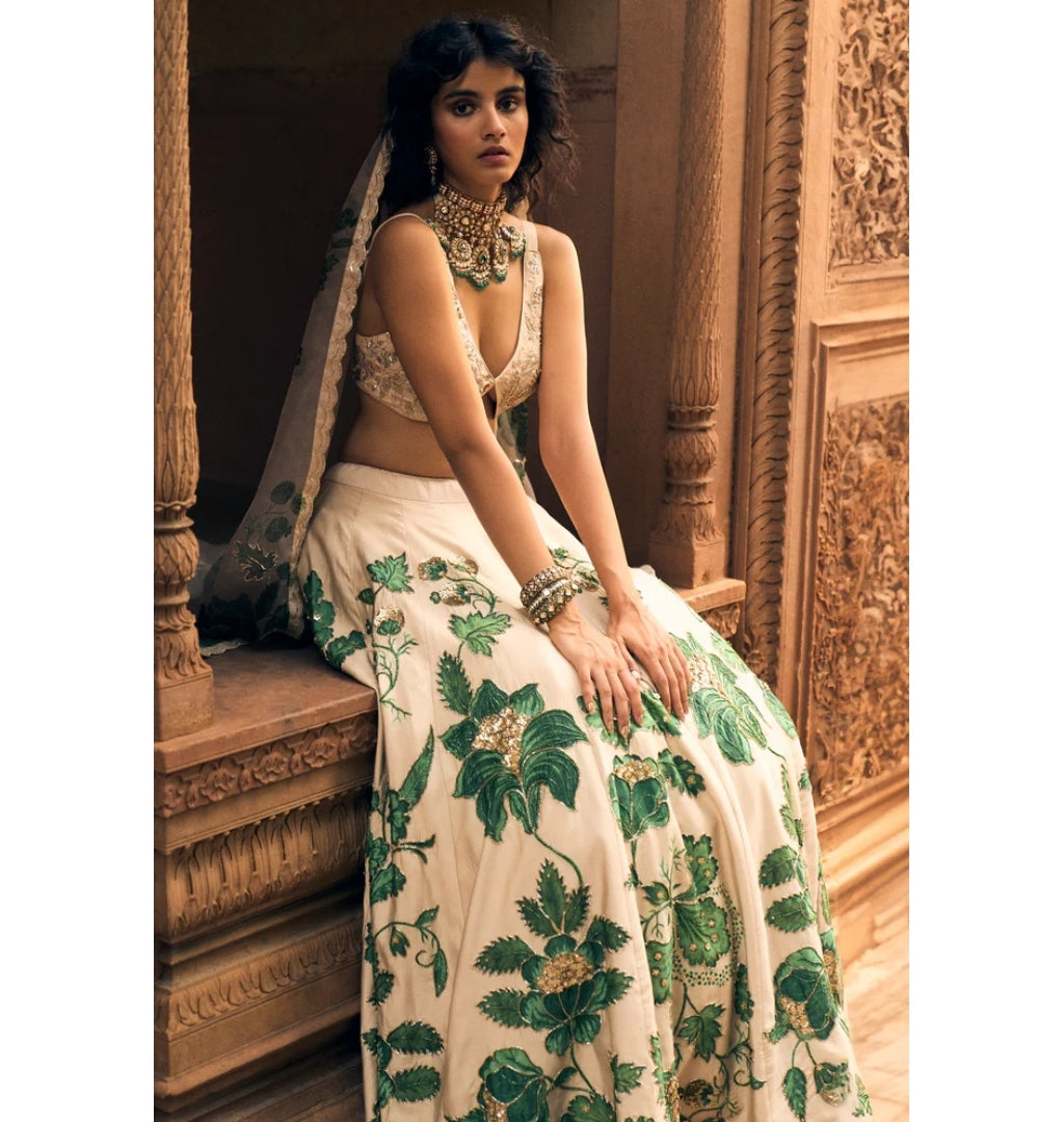 Green Floral Print Lehenga Set