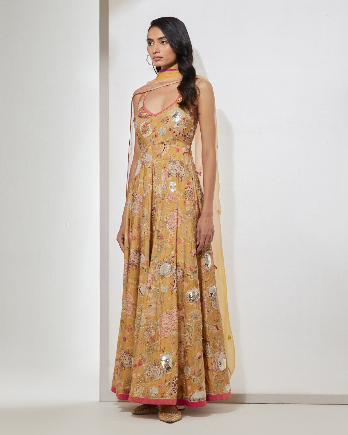 Yellow Floral Anarkali With Dupatta