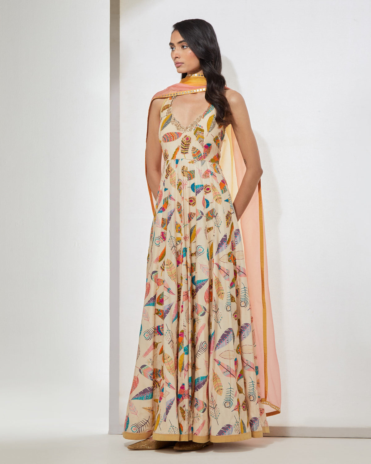 Ivory Feather Printed Anarkali With Dupatta