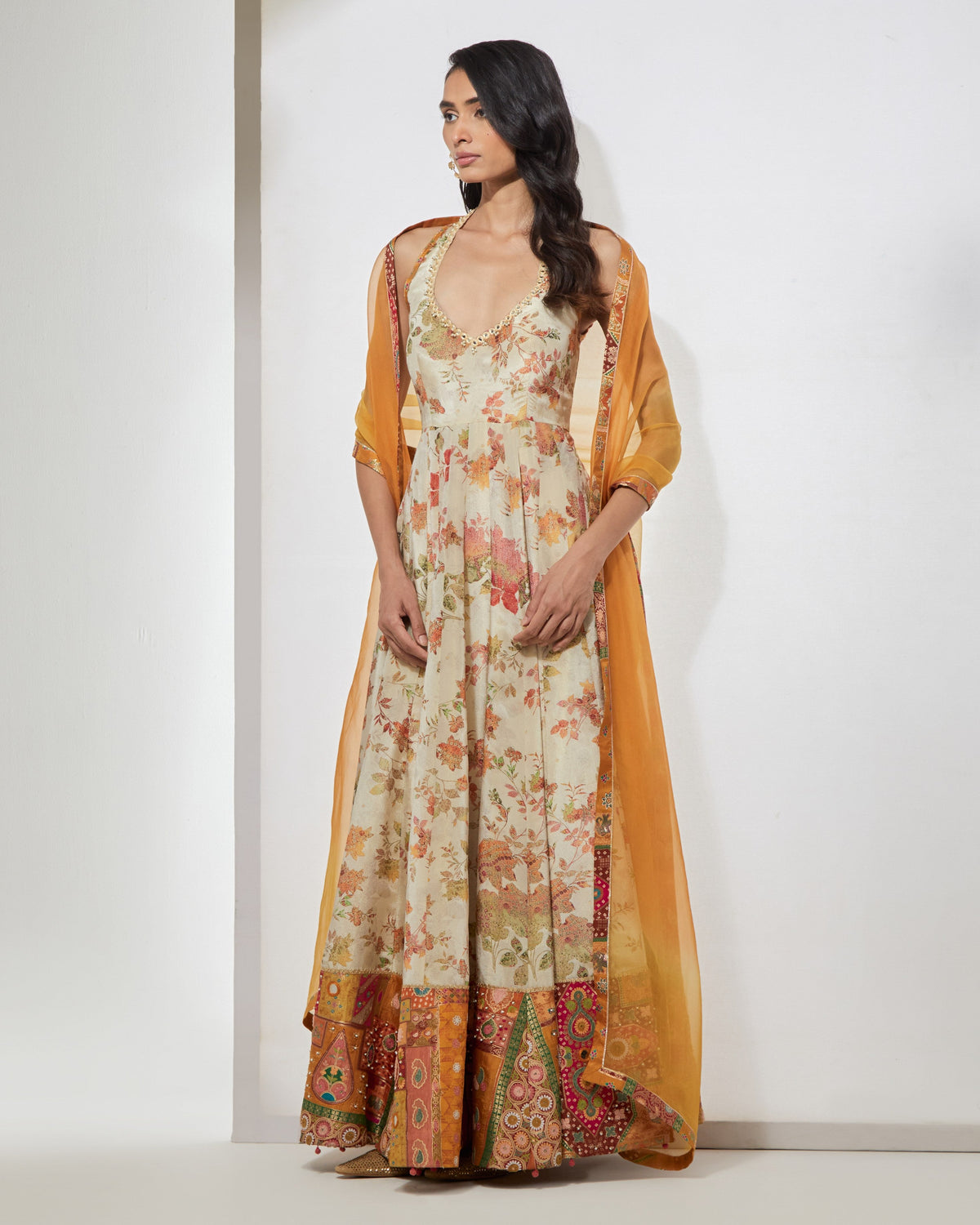Ivory Floral Anarkali With Dupatta