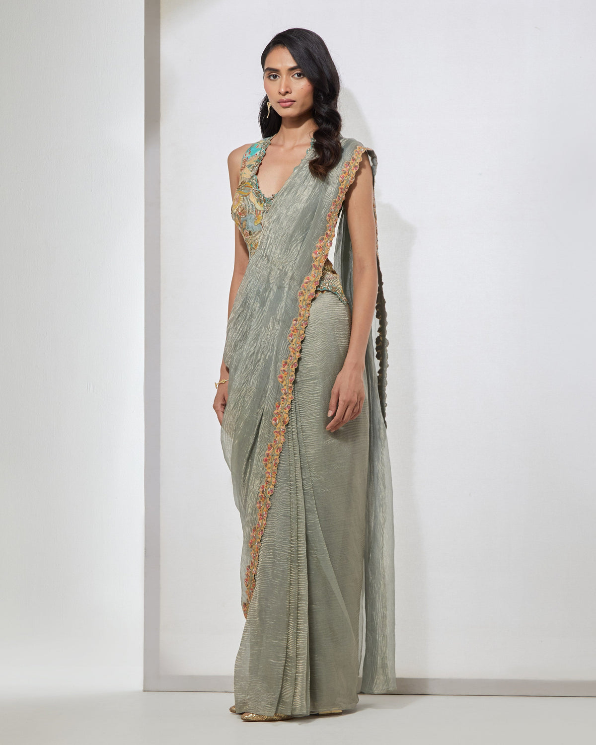 Powder Blue Pre-draped Sari With Corset