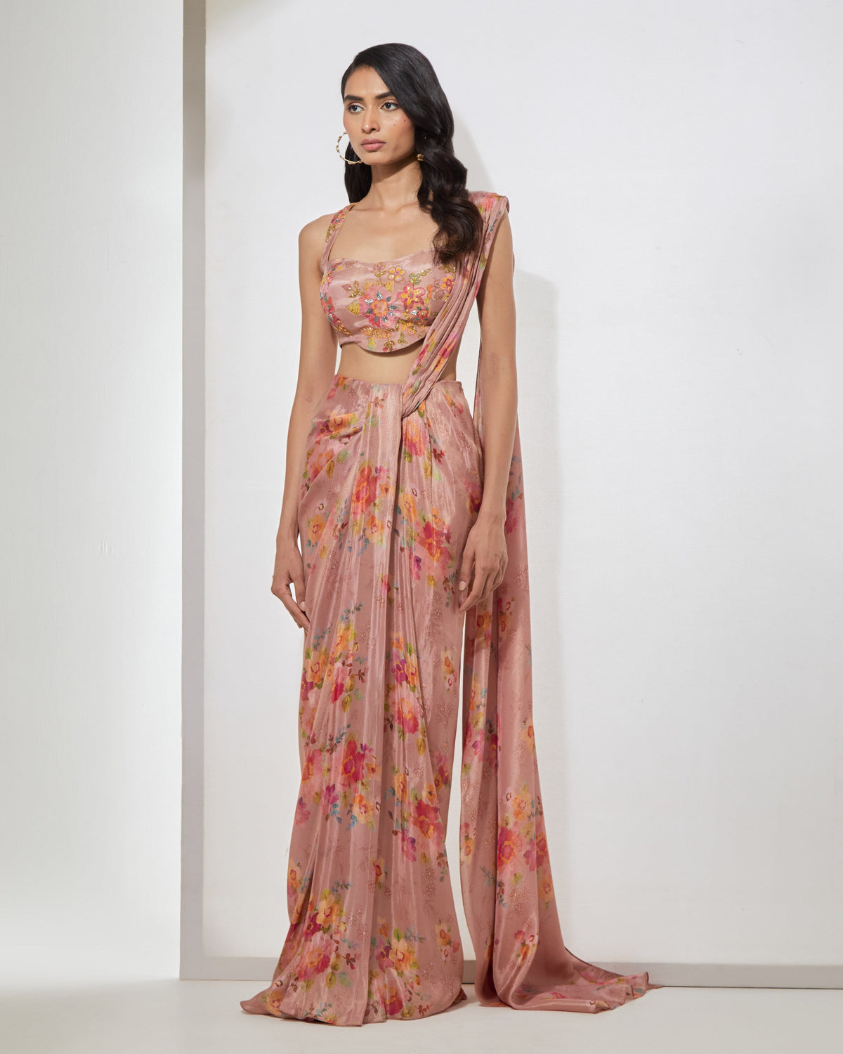 Blush Pink Floral Sari With Corset