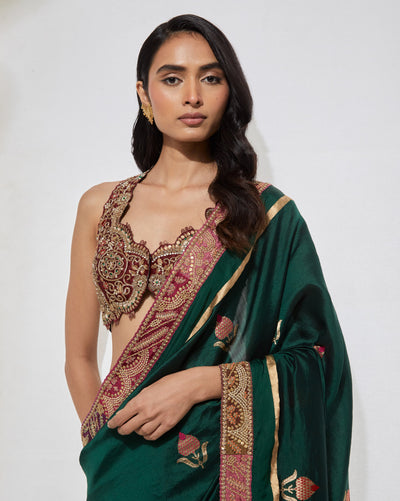 Emerald Green Zardozi Sari With Blouse