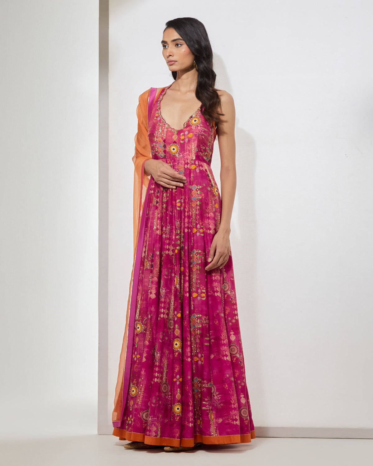Fuchsia Floral Anarkali With Dupatta