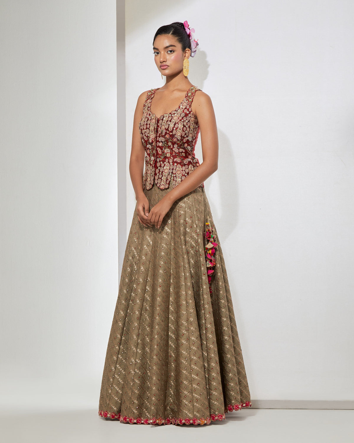 Maroon Peplum Corset & Bandhani Lehenga