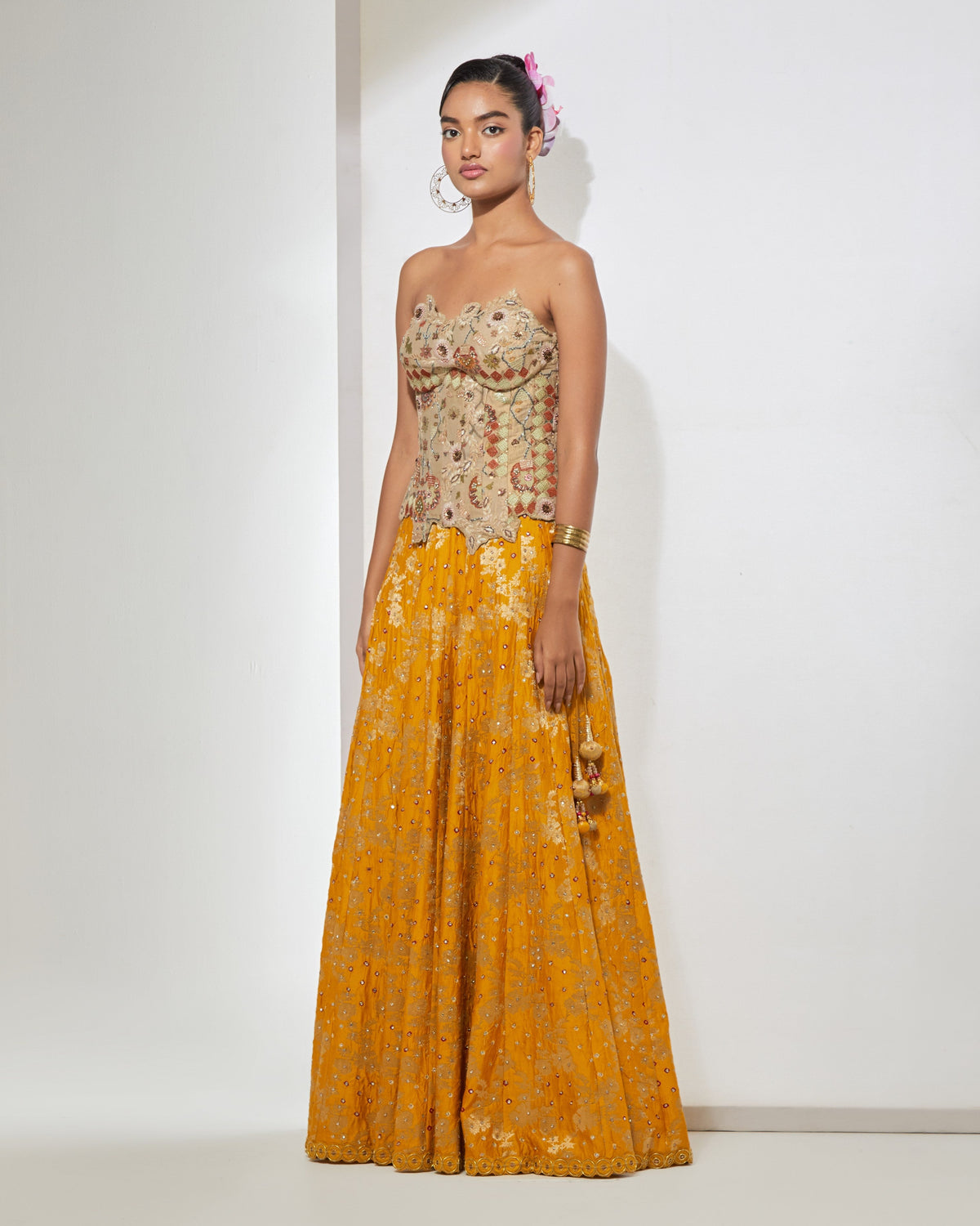 Antique Gold Corset & Mustard Lehenga