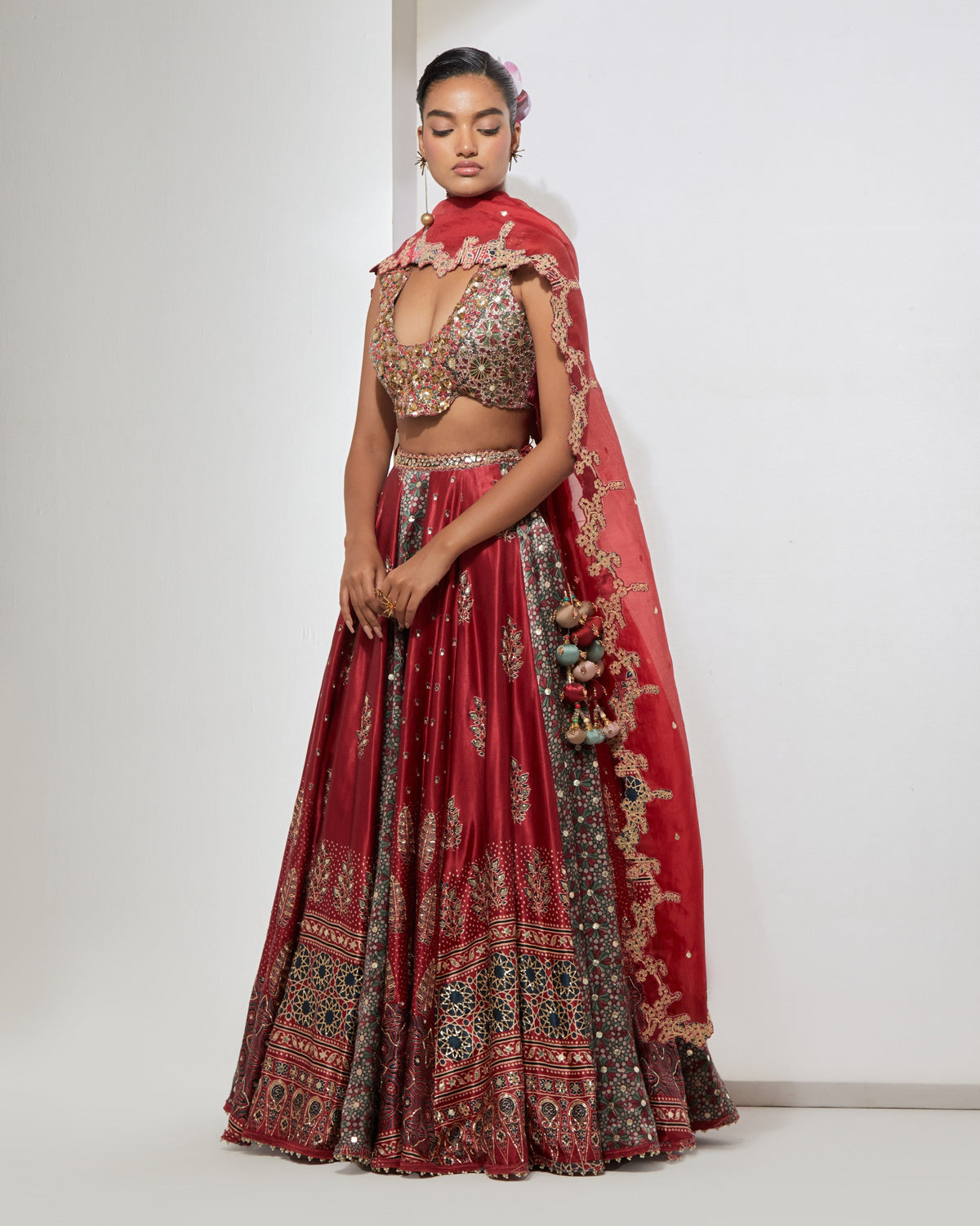 Cherry Red Ajrakh Lehenga Set