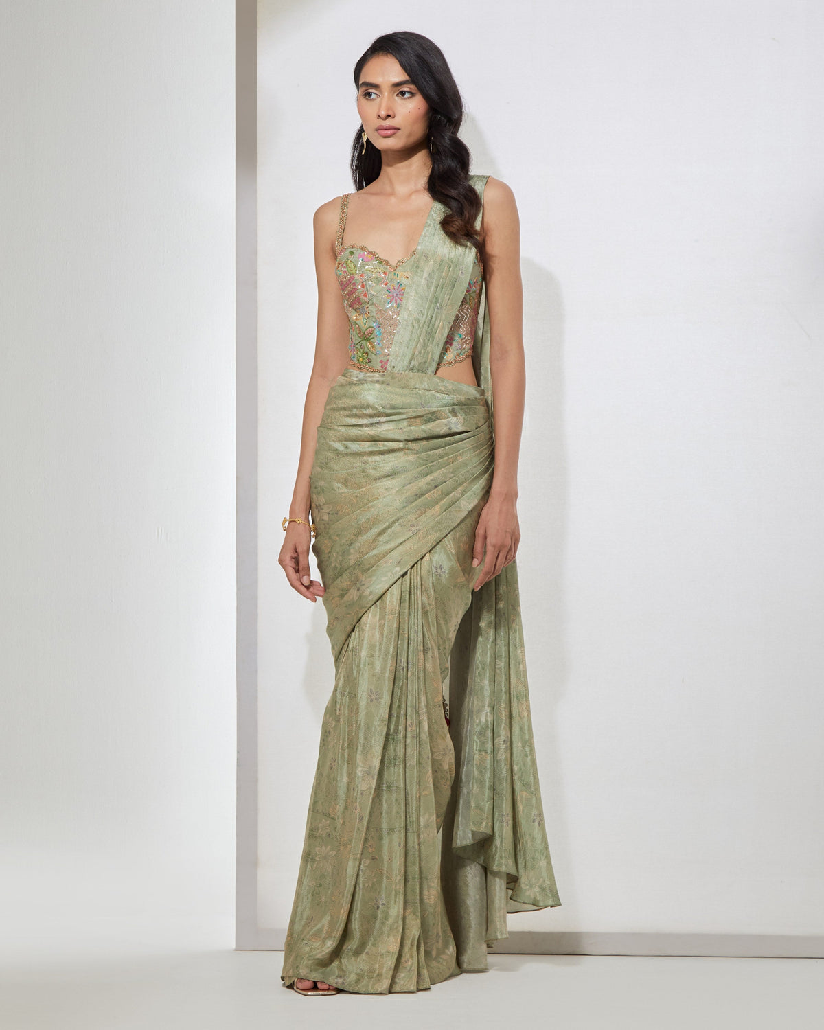 Sage Green Pre-draped Sari With Corset