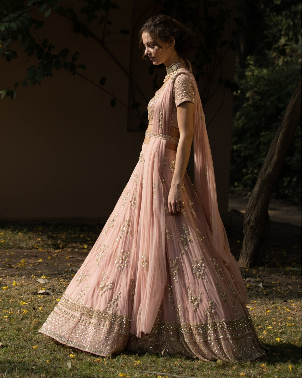 Blush Pink Bootie Lehenga With Gold Work