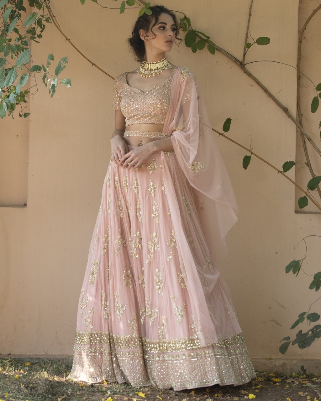 Blush Pink Bootie Lehenga With Gold Work